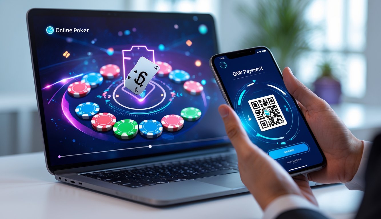 Seseorang memegang ponsel dengan kode QR di depan layar komputer yang menampilkan permainan poker online.