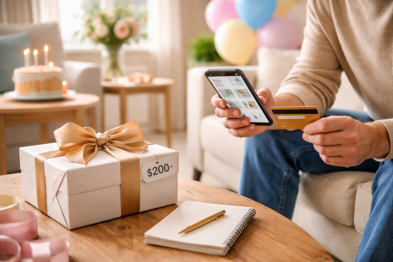 A person in a living room holding a credit card and smartphone near a wrapped birthday gift with decorations in the background.