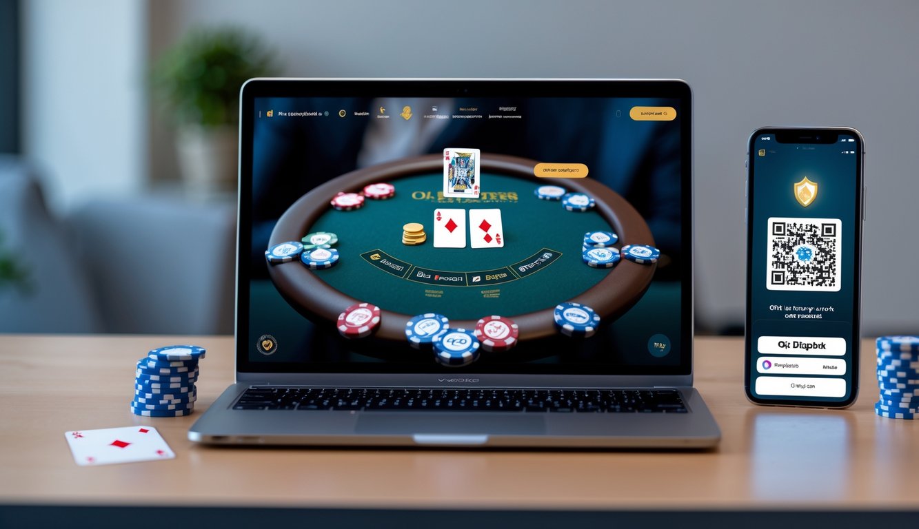 Seorang pengguna bermain poker online di laptop dengan kartu dan chip poker di meja serta ponsel yang menampilkan kode QR untuk pembayaran.