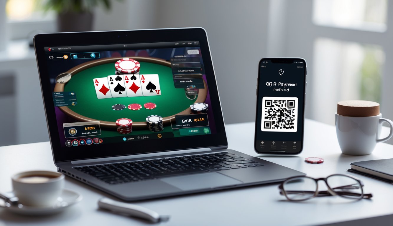 Seorang pemain poker online sedang menggunakan laptop dengan layar menampilkan permainan poker dan smartphone yang menunjukkan kode QR untuk pembayaran.