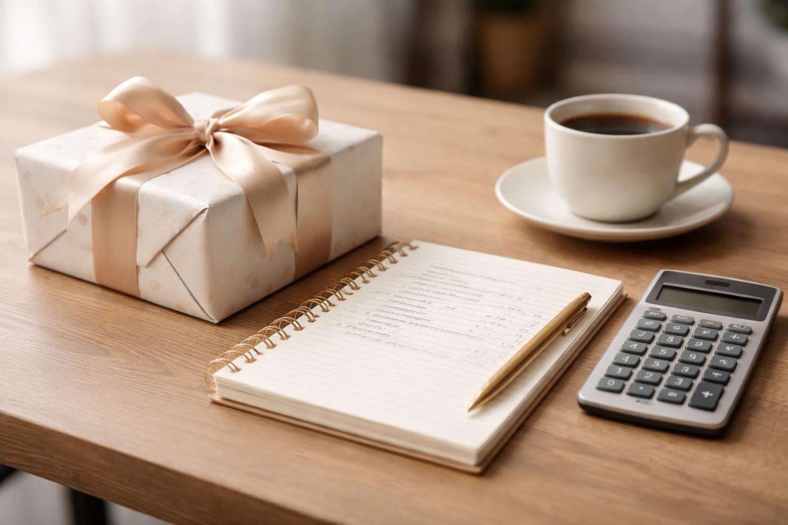 A birthday gift box, budget planner with notes, and a calculator arranged on a wooden table.