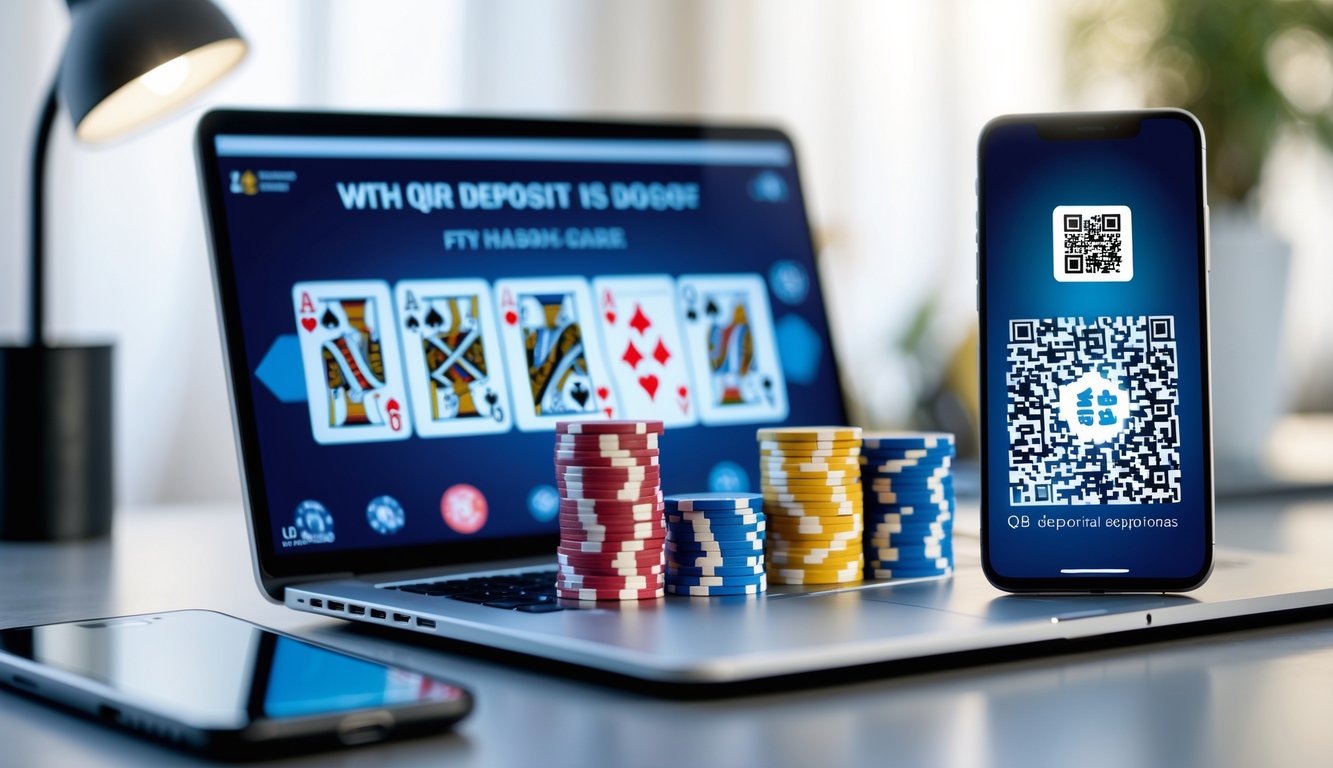 Seorang pria duduk di meja dengan laptop yang menampilkan permainan poker online, tumpukan chip poker, dan ponsel yang menampilkan kode QR untuk deposit.