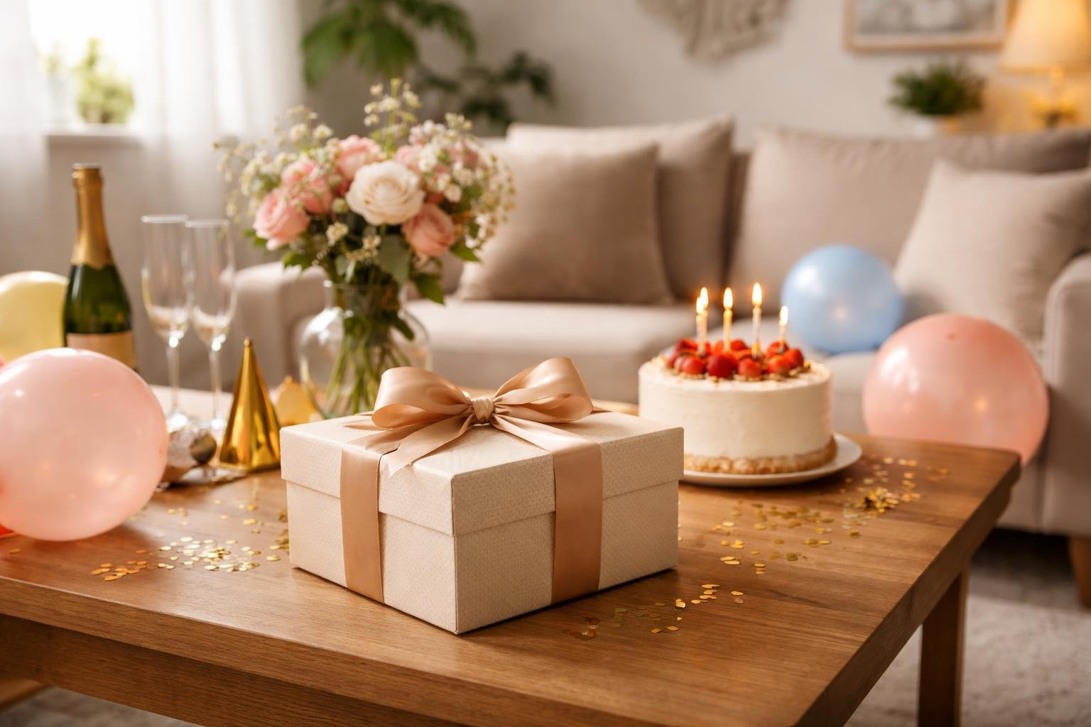 A gift box with a ribbon on a coffee table next to a small birthday cake with lit candles, balloons, and flowers in a warmly lit living room.
