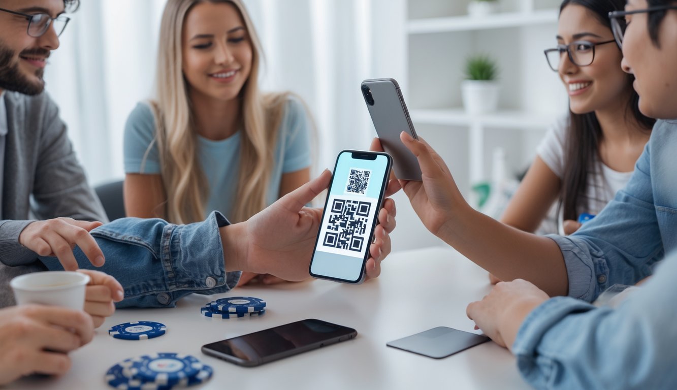 Sekelompok orang muda sedang menggunakan ponsel untuk memindai kode QR dalam suasana santai dengan chip poker di meja.