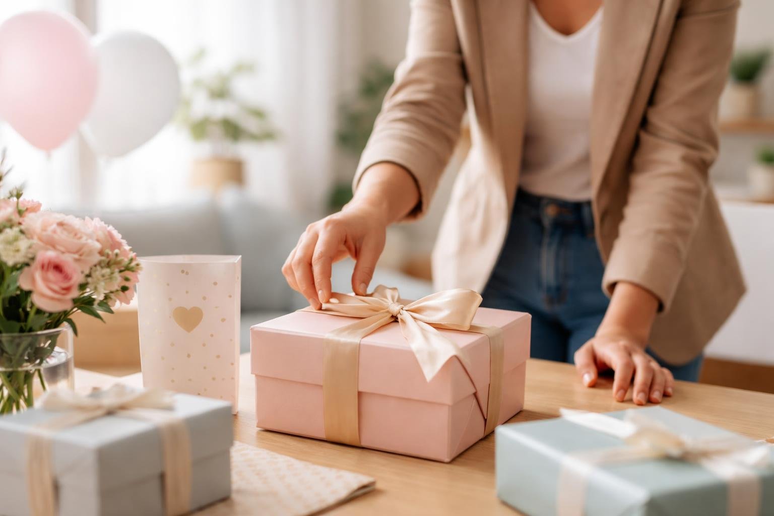 Person thoughtfully selecting a wrapped birthday gift on a table with balloons and a birthday card nearby.