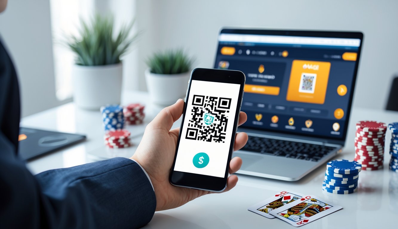 Seseorang memegang ponsel dengan kode QR di layar, dikelilingi chip poker dan kartu remi, dengan laptop menampilkan permainan poker di latar belakang.