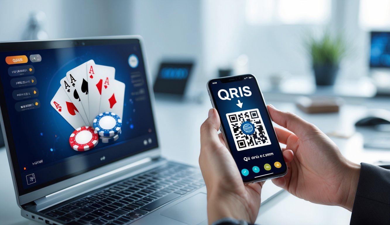 Seseorang memegang ponsel dengan kode QR di layar di samping komputer yang menampilkan permainan poker online.
