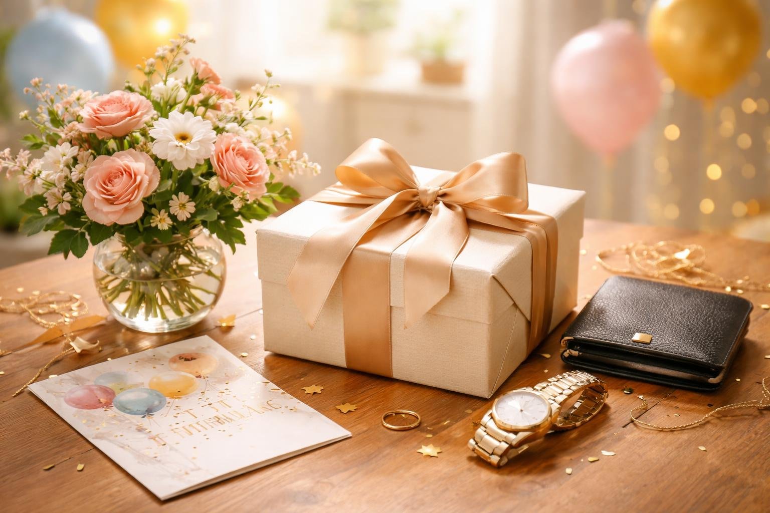 A wrapped birthday gift box on a wooden table surrounded by a birthday card, flowers, and elegant small gifts in a softly lit room with festive decorations.