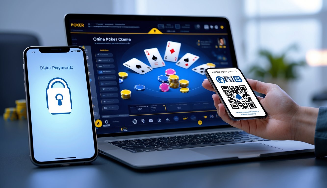 Seorang pengguna bermain poker online di laptop dengan ponsel yang menampilkan kode QR untuk pembayaran digital di meja kerja yang rapi.
