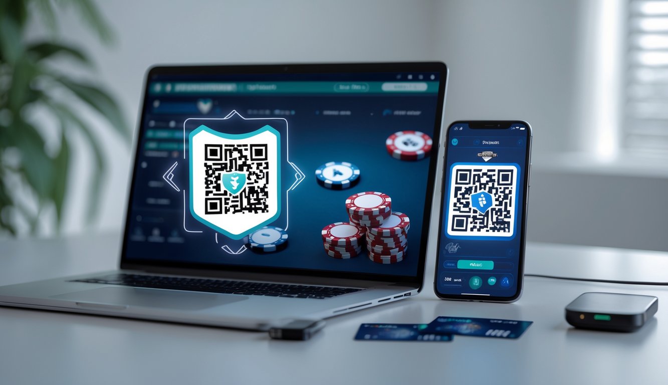 Seorang pengguna menggunakan perangkat digital untuk bermain poker online dengan kode QR terlihat di layar sebagai metode pembayaran.