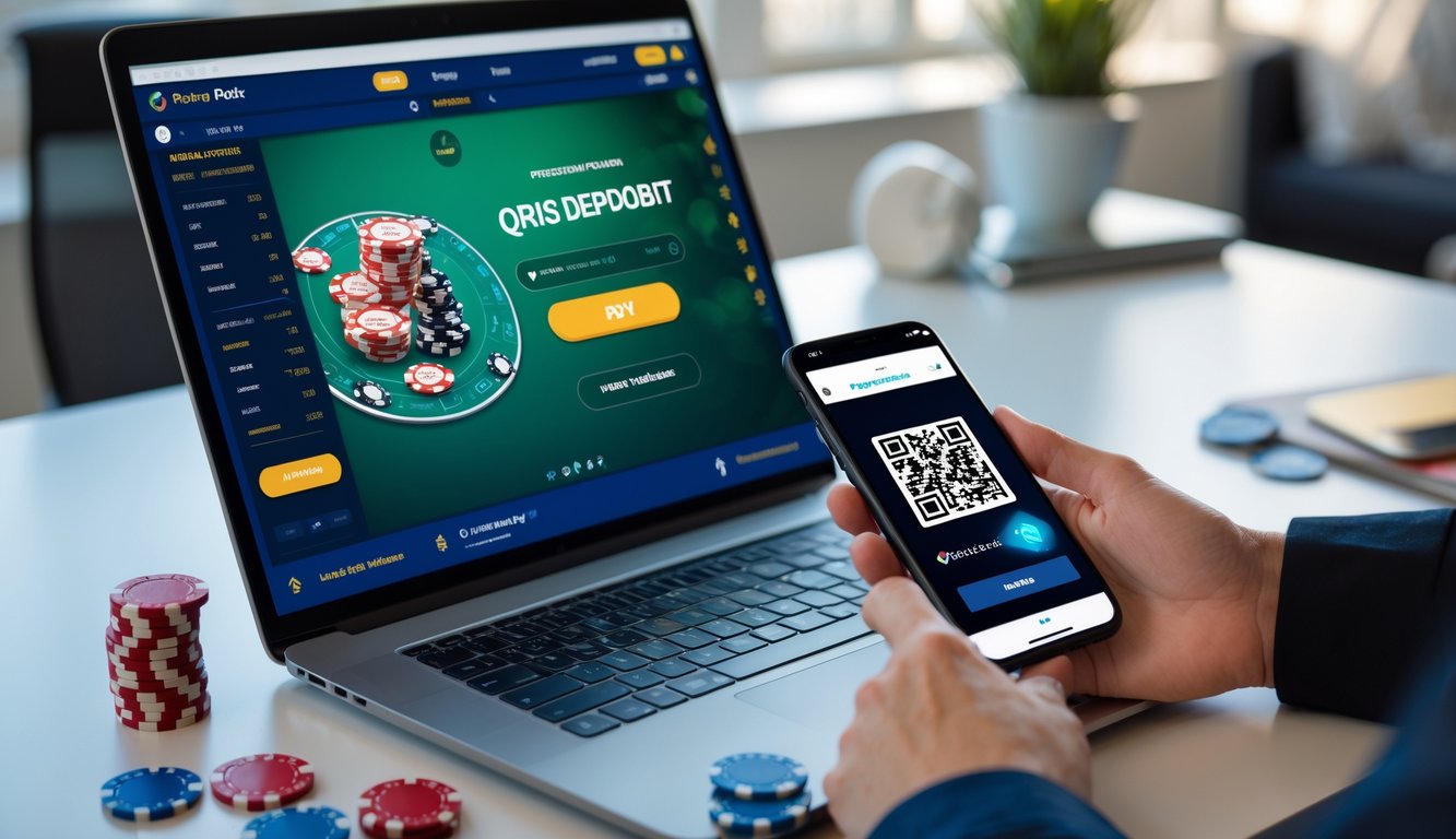 Seorang pria menggunakan laptop dan ponsel untuk bermain poker online dengan kode QR di layar ponsel, di meja dengan chip poker dan kartu.