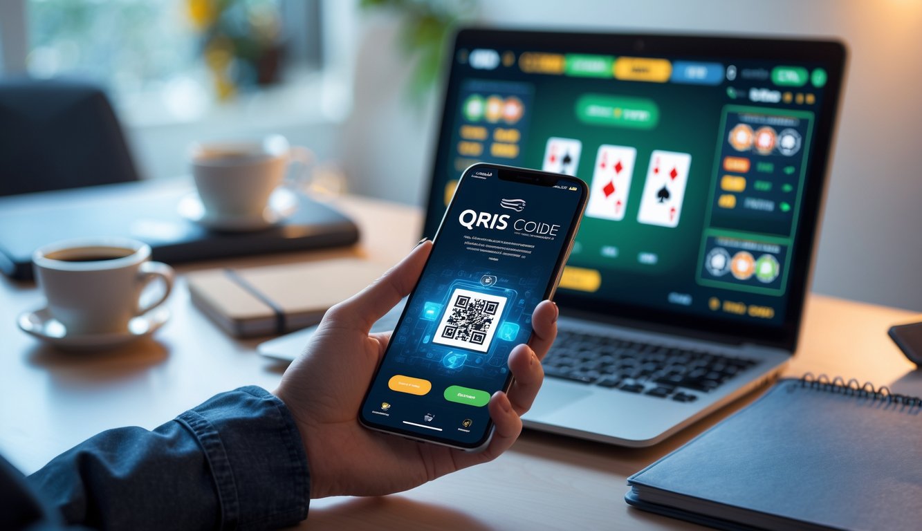 Seseorang menggunakan smartphone untuk melakukan pembayaran QRIS saat bermain poker online di laptop di sebuah meja kerja yang rapi.