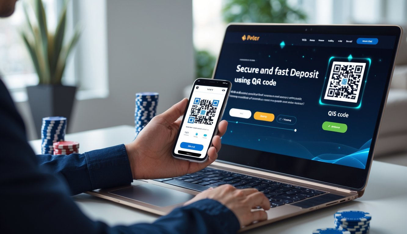 Seseorang menggunakan ponsel untuk memindai kode QR pada layar komputer yang menampilkan situs poker online.