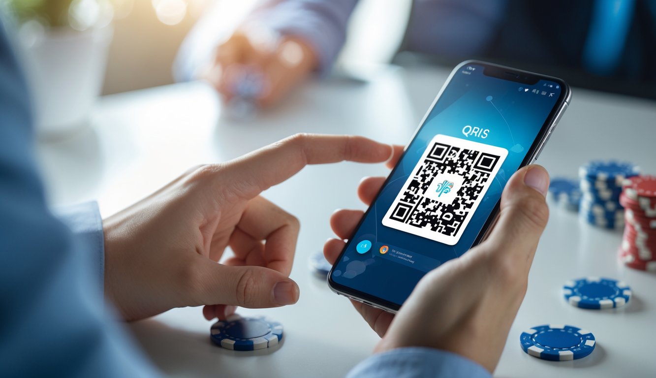 Tangan memegang smartphone yang menampilkan kode QR dengan latar belakang permainan poker online.