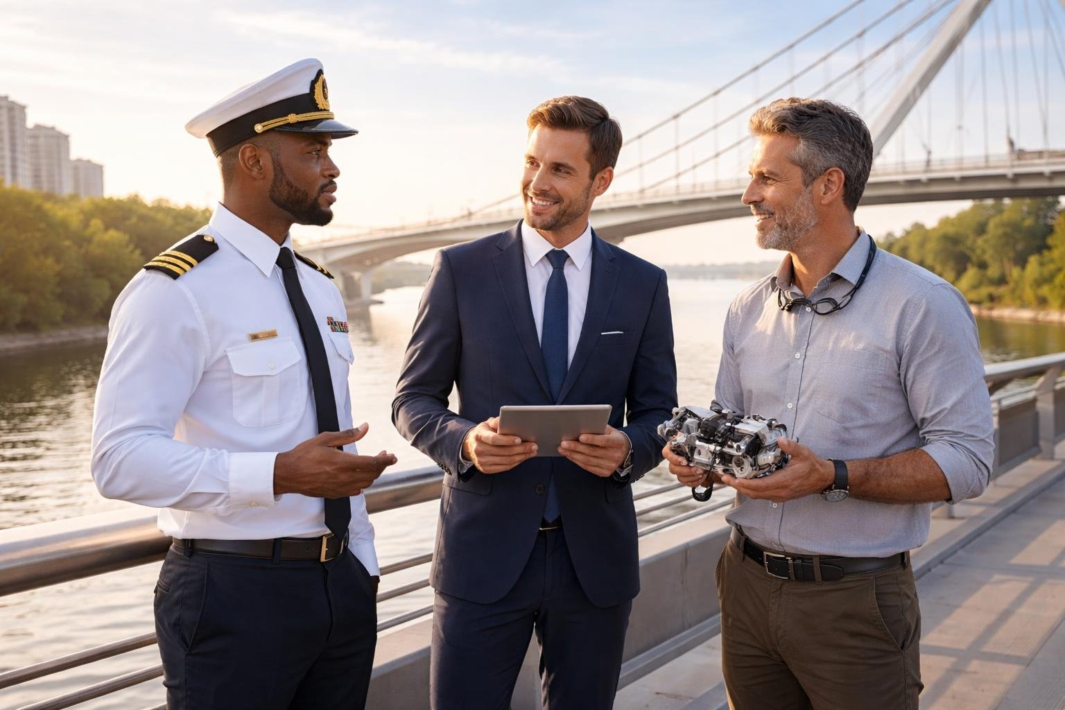 Trois professionnels discutant sur un pont moderne au lever du soleil, avec un officier de marine, un stratège industriel et un inventeur tenant un prototype mécanique.