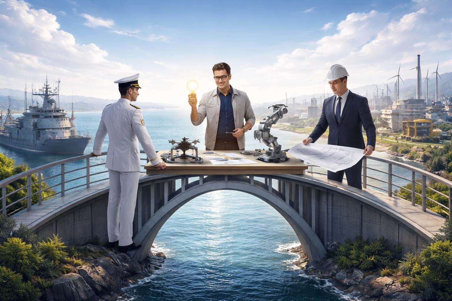 Un pont moderne reliant deux rives avec un officier de marine, un stratège industriel et un inventeur collaborant ensemble.
