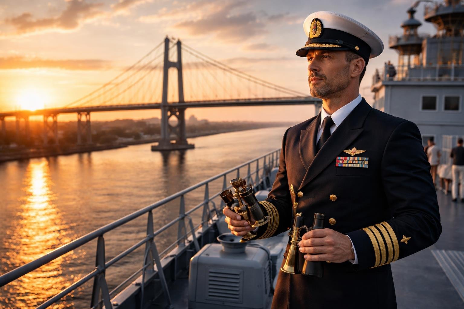 Un officier de marine debout sur le pont d'un navire, regardant un grand pont qui relie deux rives d'une rivière au coucher du soleil.