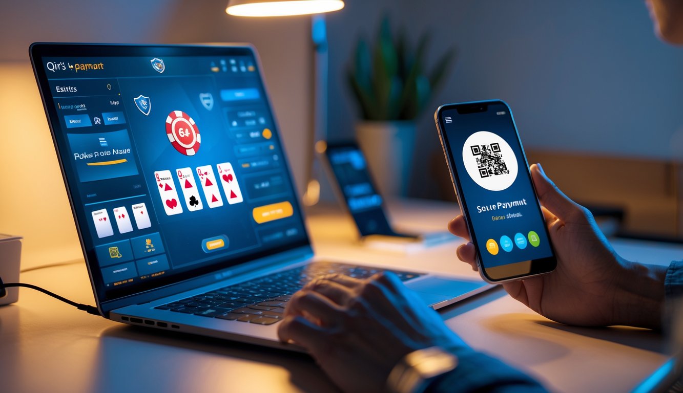 Seorang pengguna bermain poker online di laptop dengan ponsel menampilkan kode QR untuk pembayaran QRIS di meja kerja yang rapi.