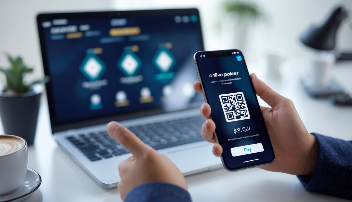 Tangan memegang ponsel dengan kode QR di layar di depan laptop yang menampilkan situs poker online.