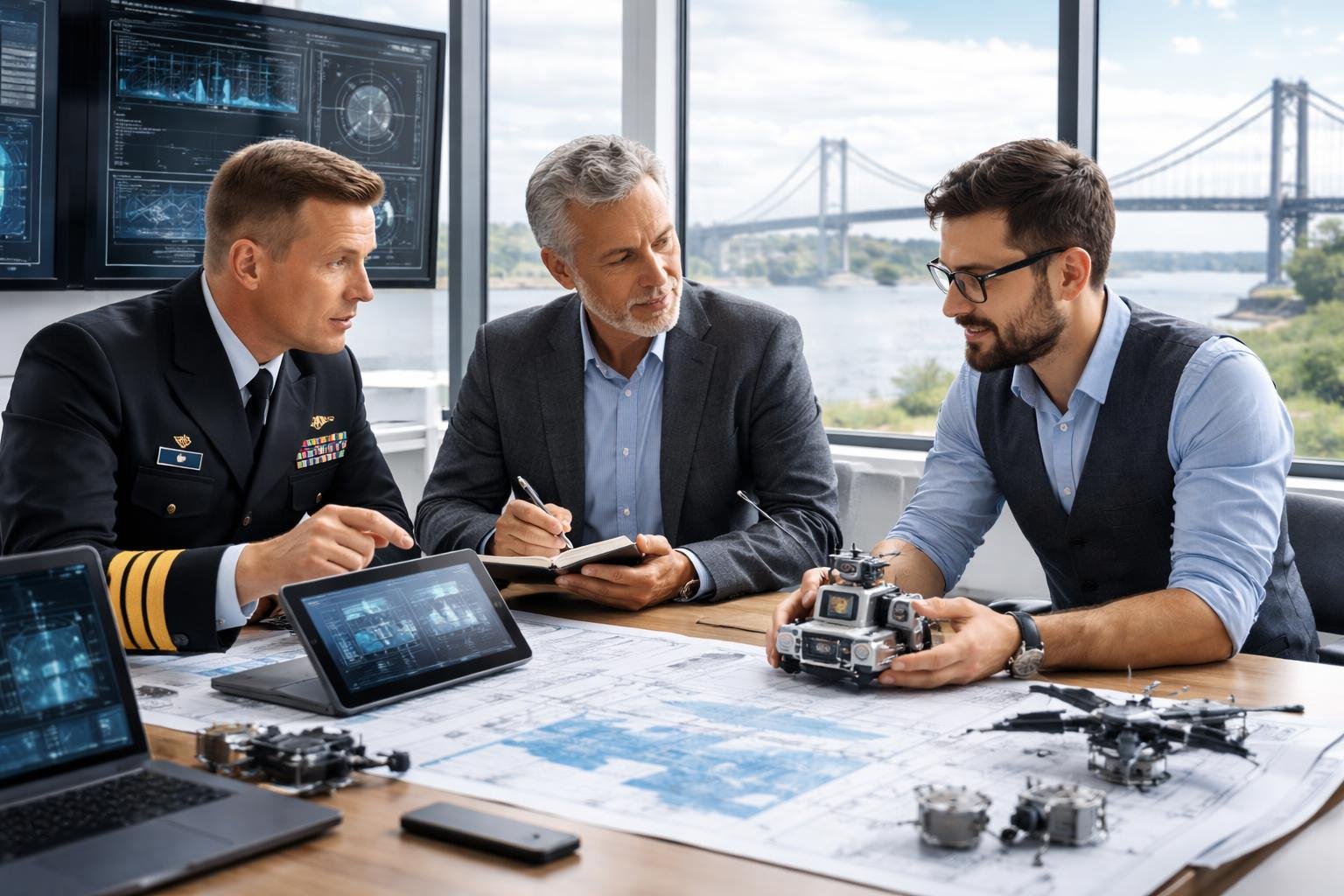 Un officier de marine, un stratège industriel et un inventeur discutent autour d'une table dans une salle de réunion avec une vue sur un pont reliant deux rives.