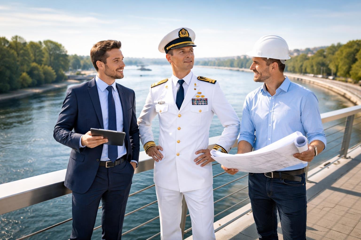 Un officier de marine, un stratège industriel et un inventeur discutent sur un pont moderne au-dessus d'une rivière entre deux rives verdoyantes.