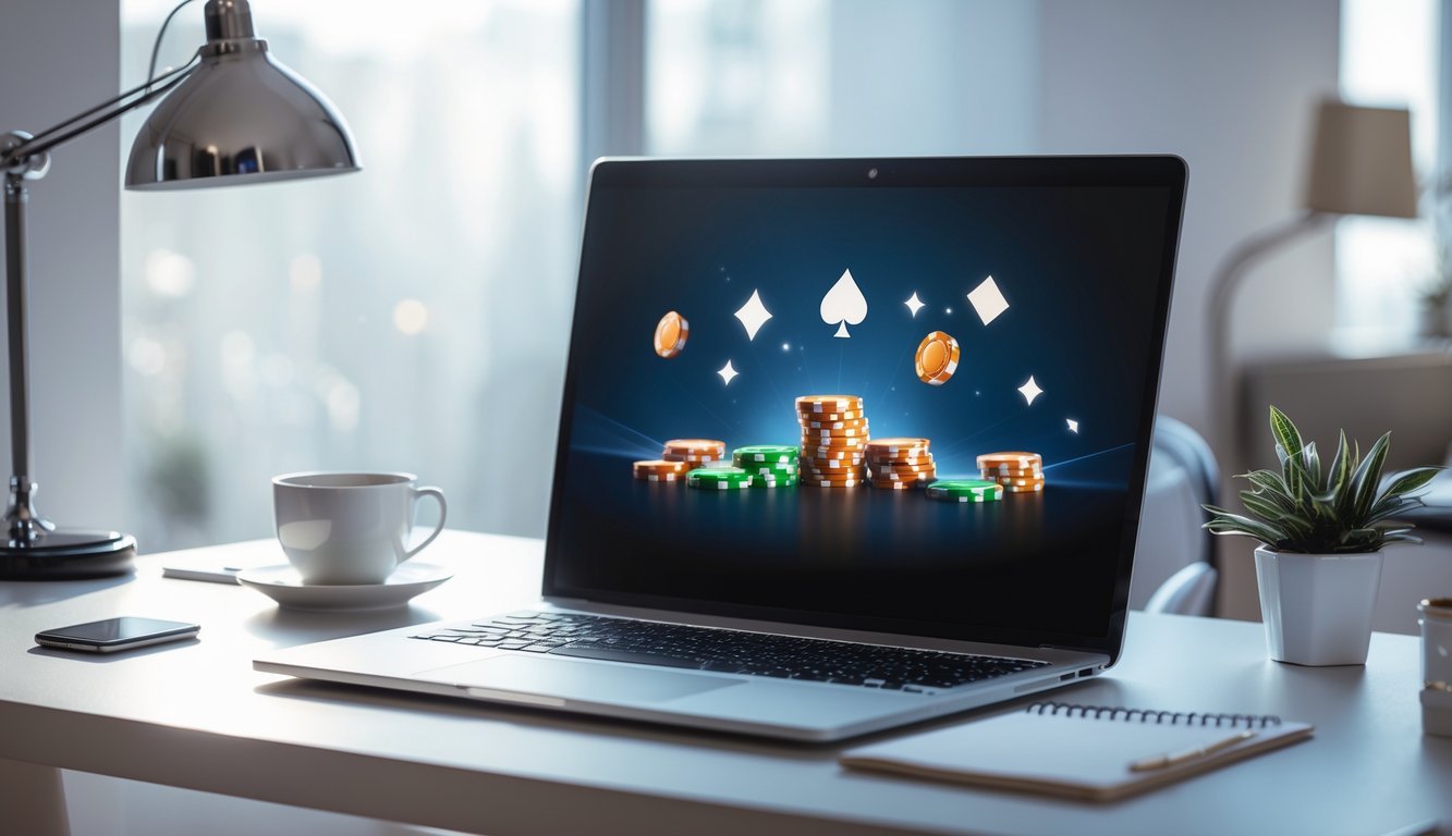 Seorang pemain online sedang menggunakan komputer dengan suasana yang rapi dan cerah, menampilkan elemen permainan seperti chip dan kartu digital yang menunjukkan kemenangan besar.