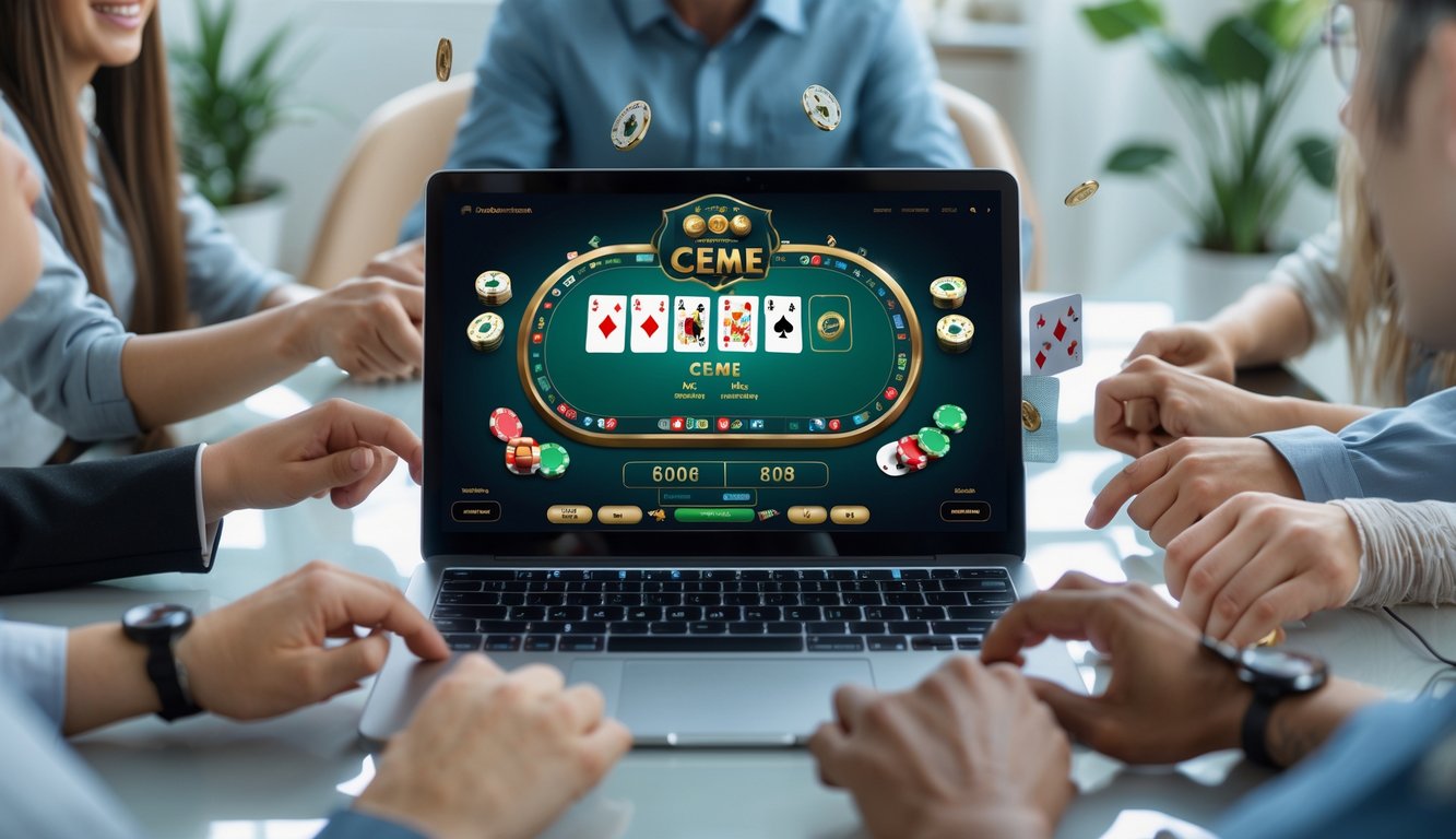 Beberapa orang bermain permainan Ceme online menggunakan laptop di ruangan yang nyaman dan terang.
