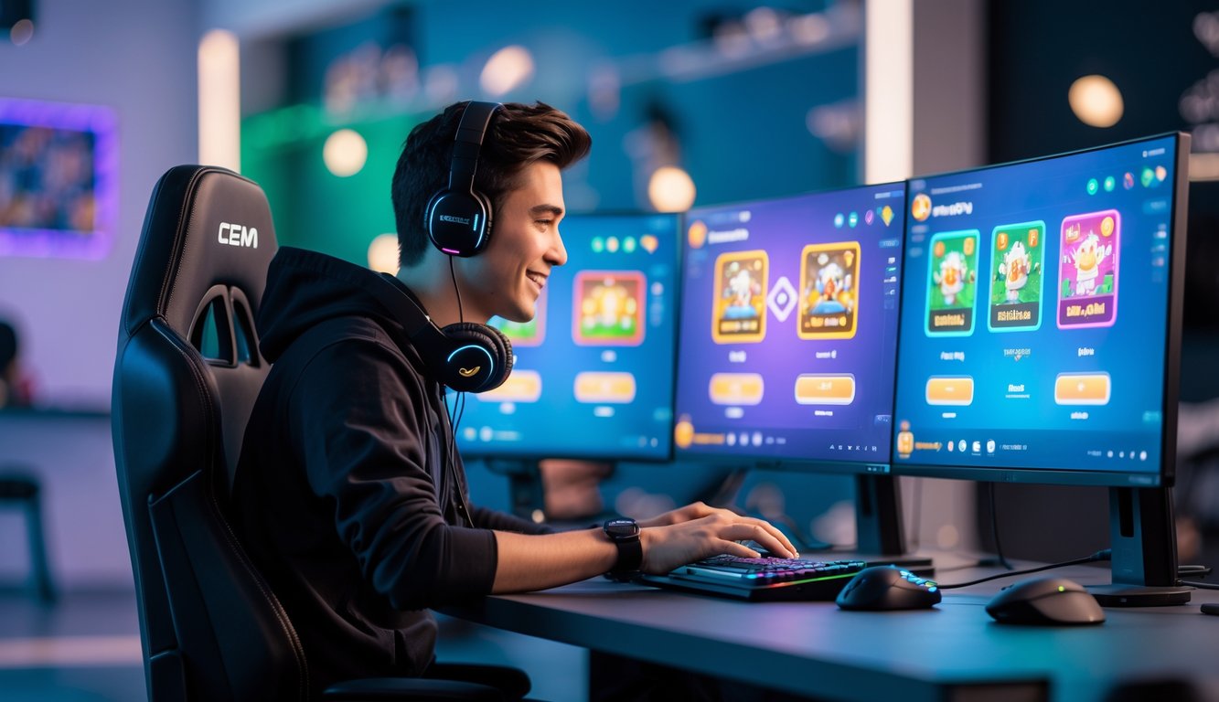 Seorang pria muda duduk di depan komputer dengan beberapa layar menampilkan permainan kartu digital, tampak fokus dan tersenyum di ruangan yang terang dan modern.