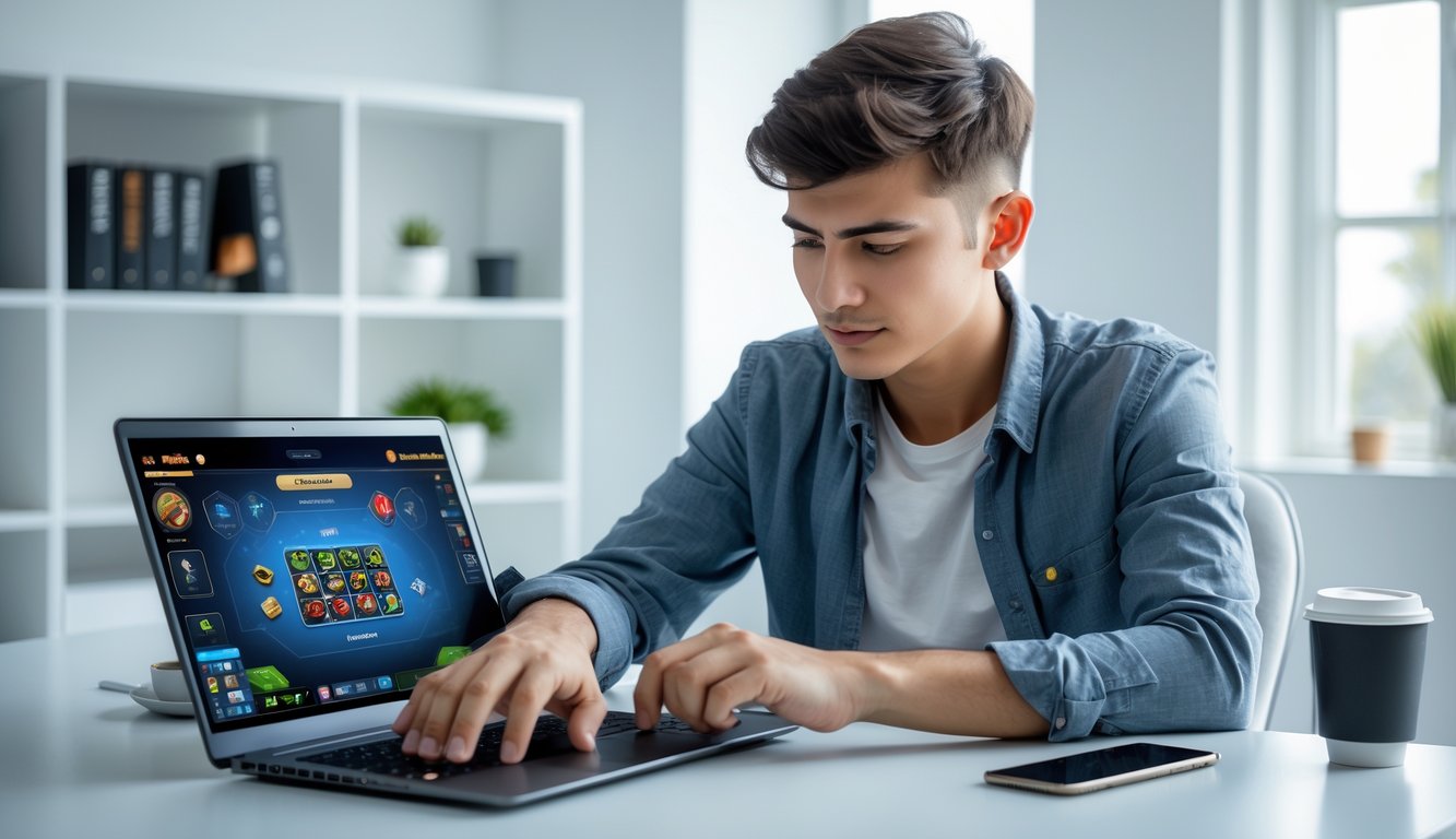 Seorang pria muda duduk di meja dengan laptop terbuka, fokus bermain permainan kartu online di ruangan terang dan rapi.
