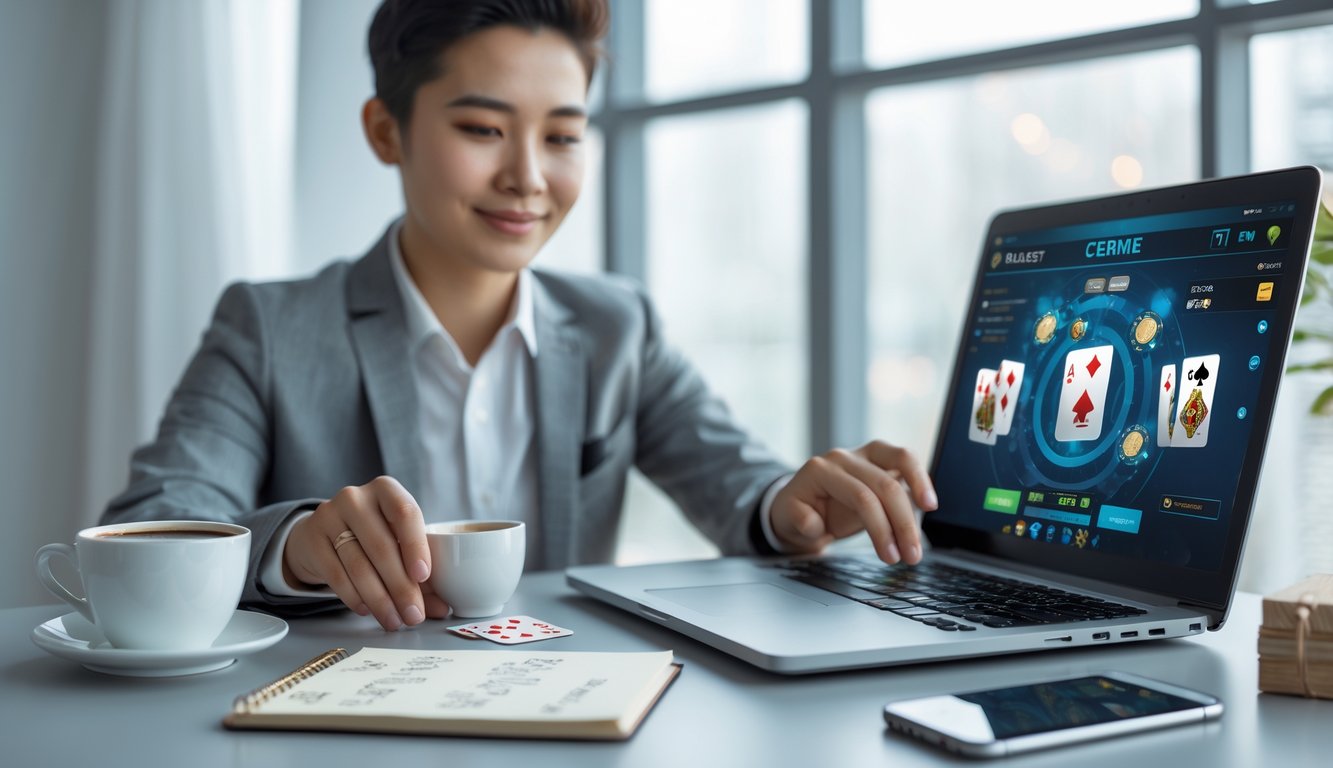 Seorang pria fokus bermain permainan kartu online di laptop di ruangan modern dengan cahaya alami.