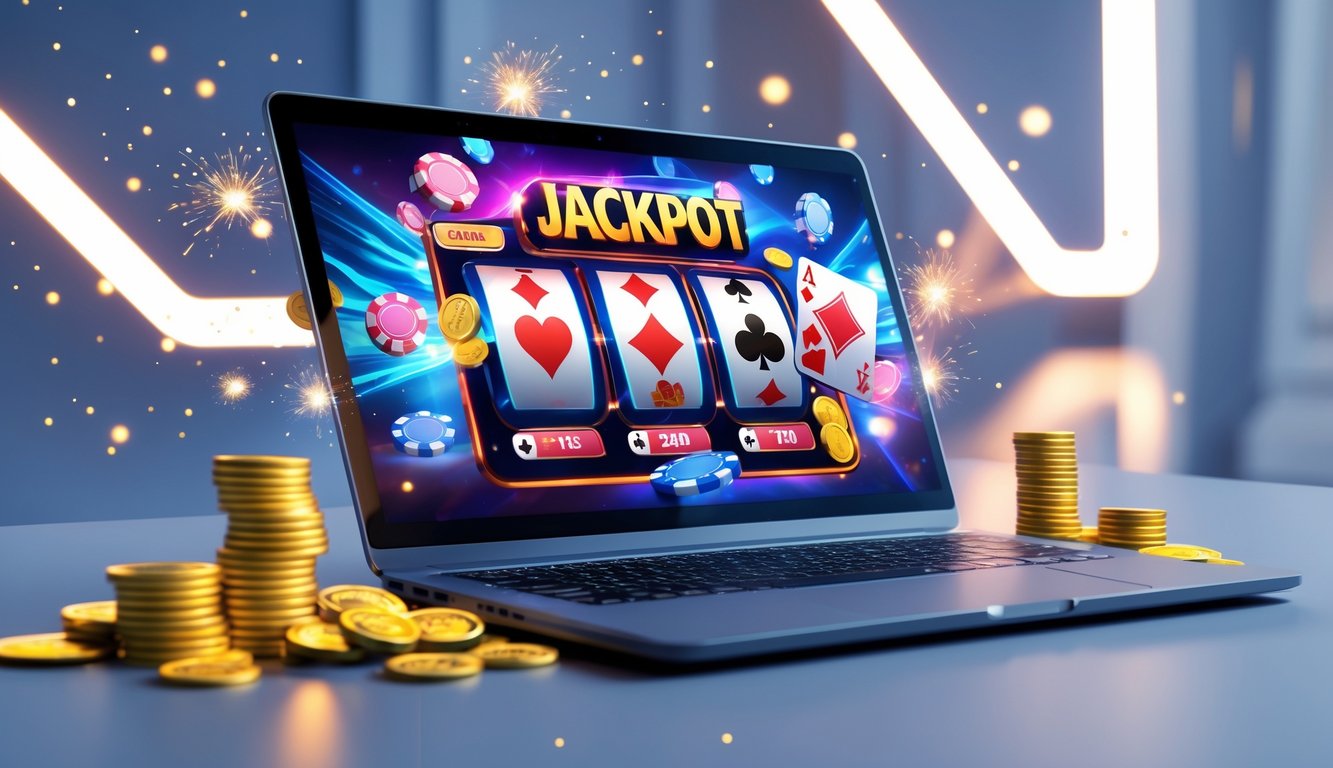 Seorang pengguna bermain permainan kartu online dengan perangkat digital, menampilkan chip poker dan simbol jackpot yang menarik.