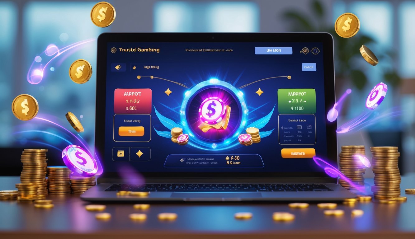 Seseorang menggunakan laptop dengan tampilan permainan kartu online dan ikon jackpot di layar.