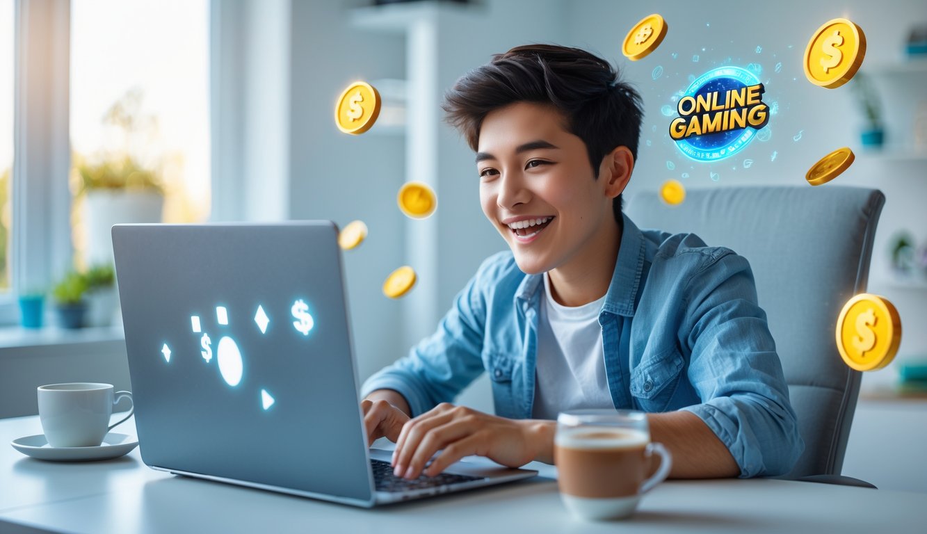 Seorang dewasa muda duduk di meja modern menggunakan laptop dengan ekspresi fokus dan senang, di dalam ruangan terang dengan cahaya alami.