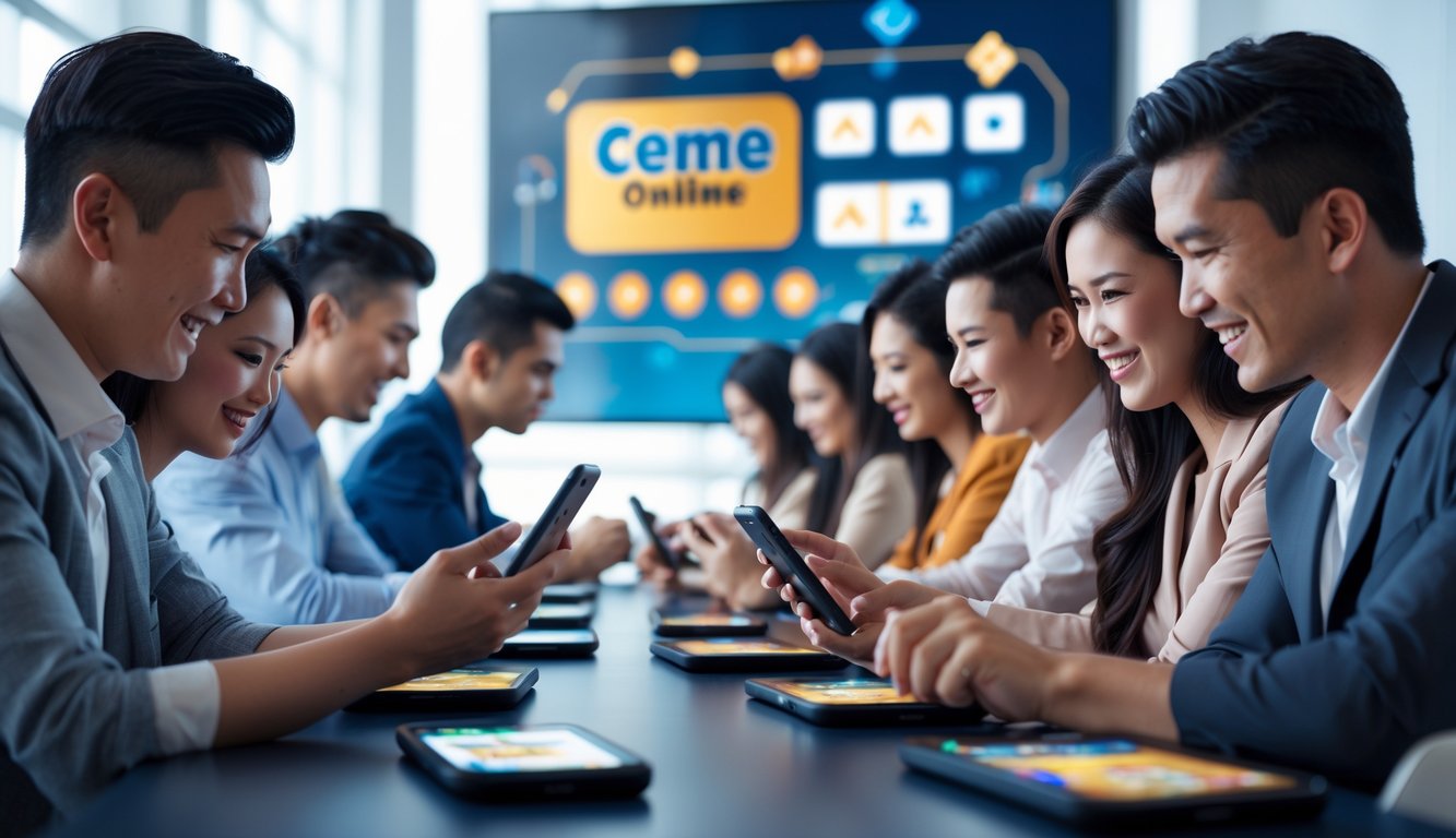 Sekelompok orang bermain permainan kartu Ceme Online dengan serius dan antusias menggunakan perangkat digital di ruangan modern.