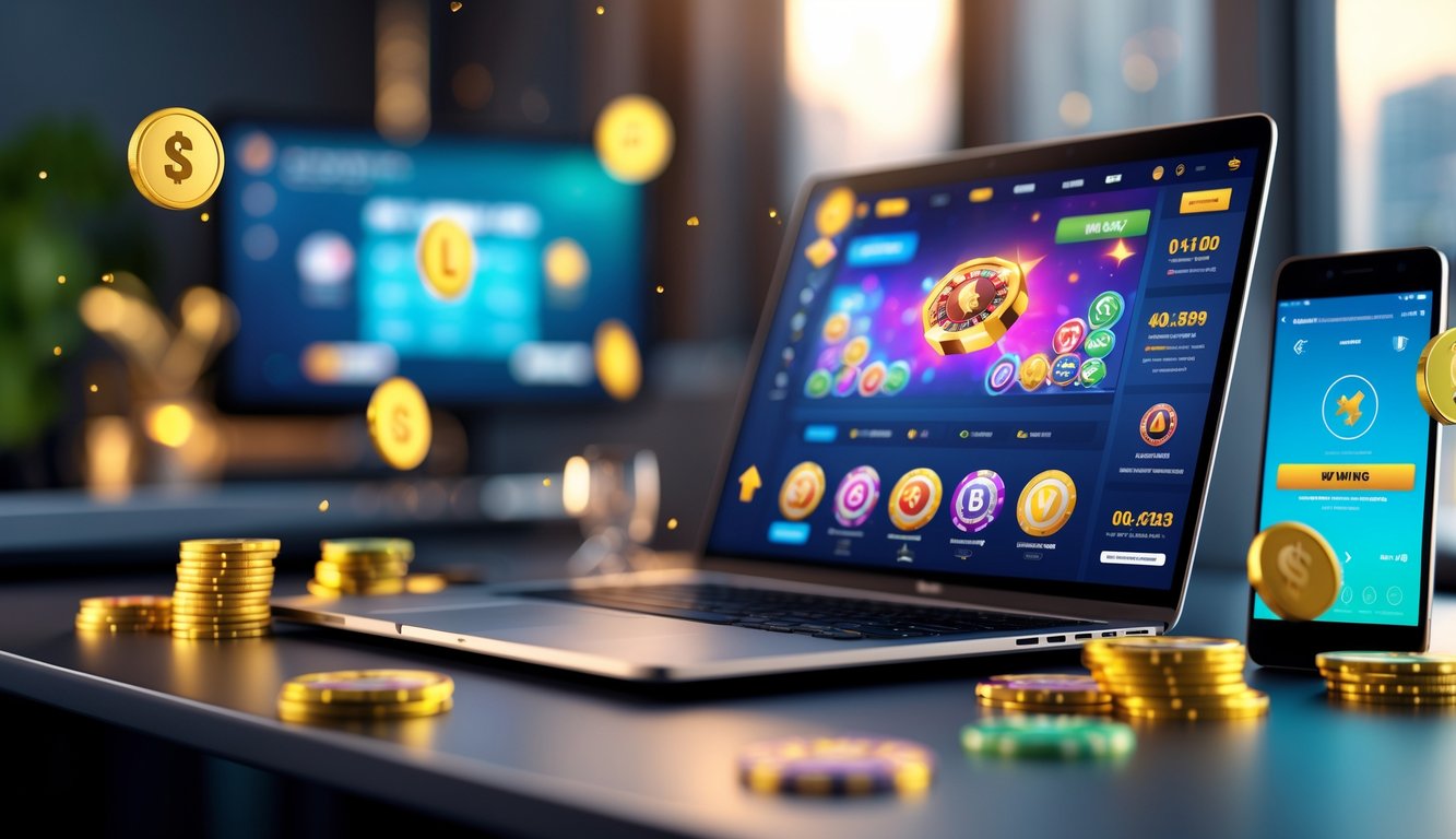 Seorang pengguna duduk di depan laptop dengan tampilan permainan online dan elemen keberuntungan seperti koin emas dan chip poker di sekitarnya.