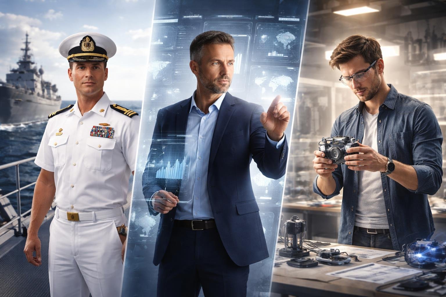 Un officier de marine en uniforme, un stratège industriel analysant des graphiques numériques, et un inventeur travaillant sur un appareil mécanique dans un atelier moderne.