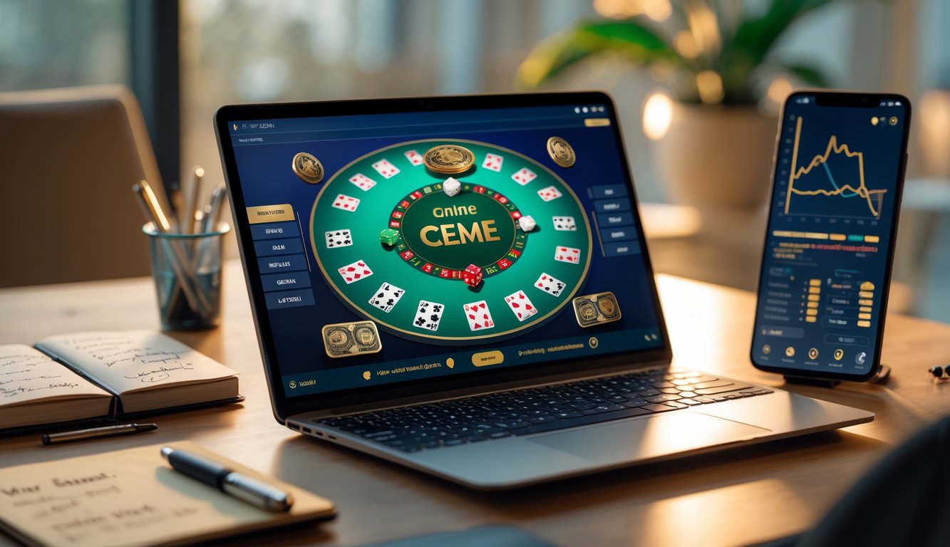 Seorang pemain duduk di depan laptop dengan tampilan permainan Ceme online dan alat tulis di meja, menunjukkan suasana memilih situs Ceme berkualitas.
