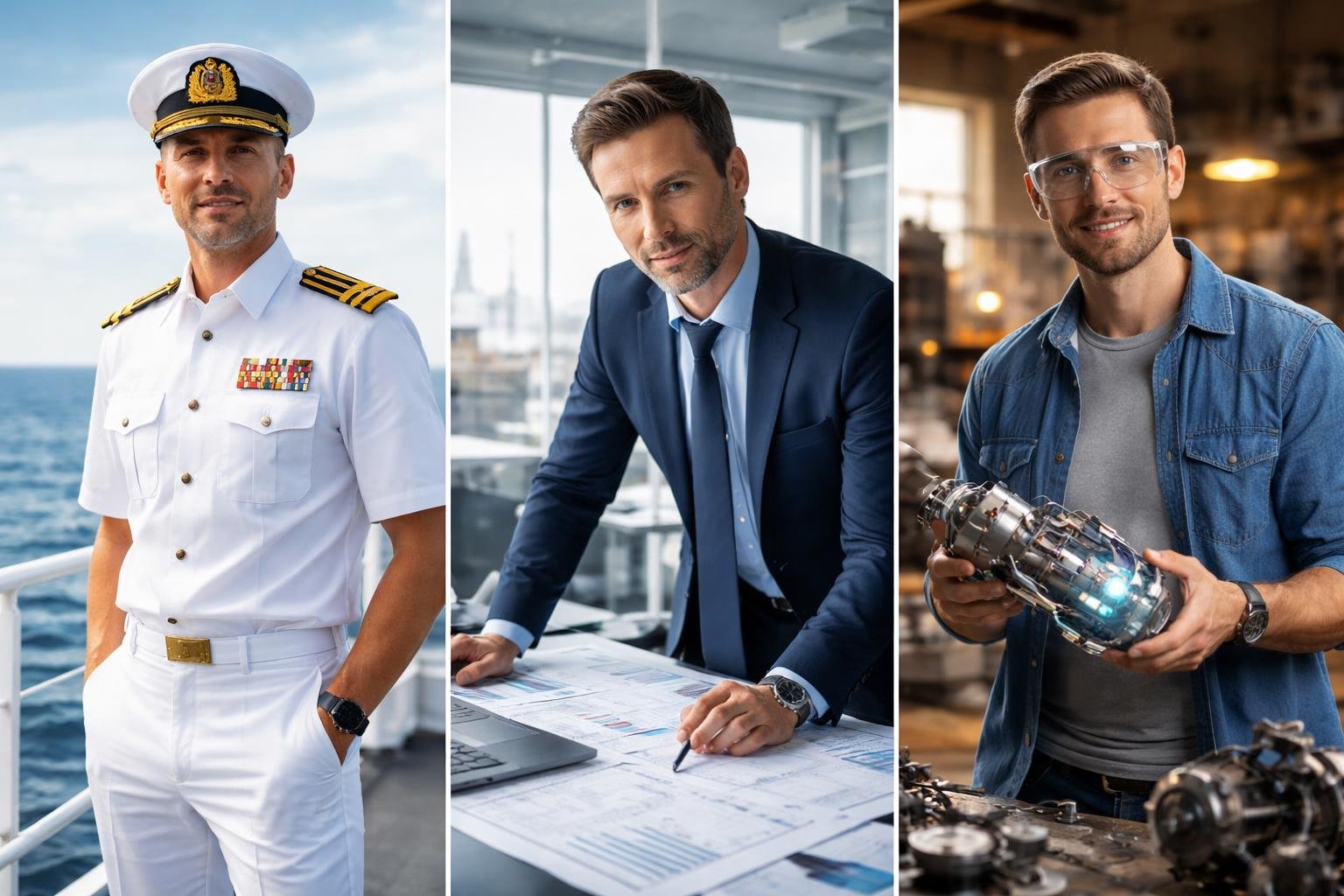 Trois hommes représentant un officier de marine, un stratège industriel et un inventeur dans leurs environnements respectifs, illustrant la dynamique des conflits durables.