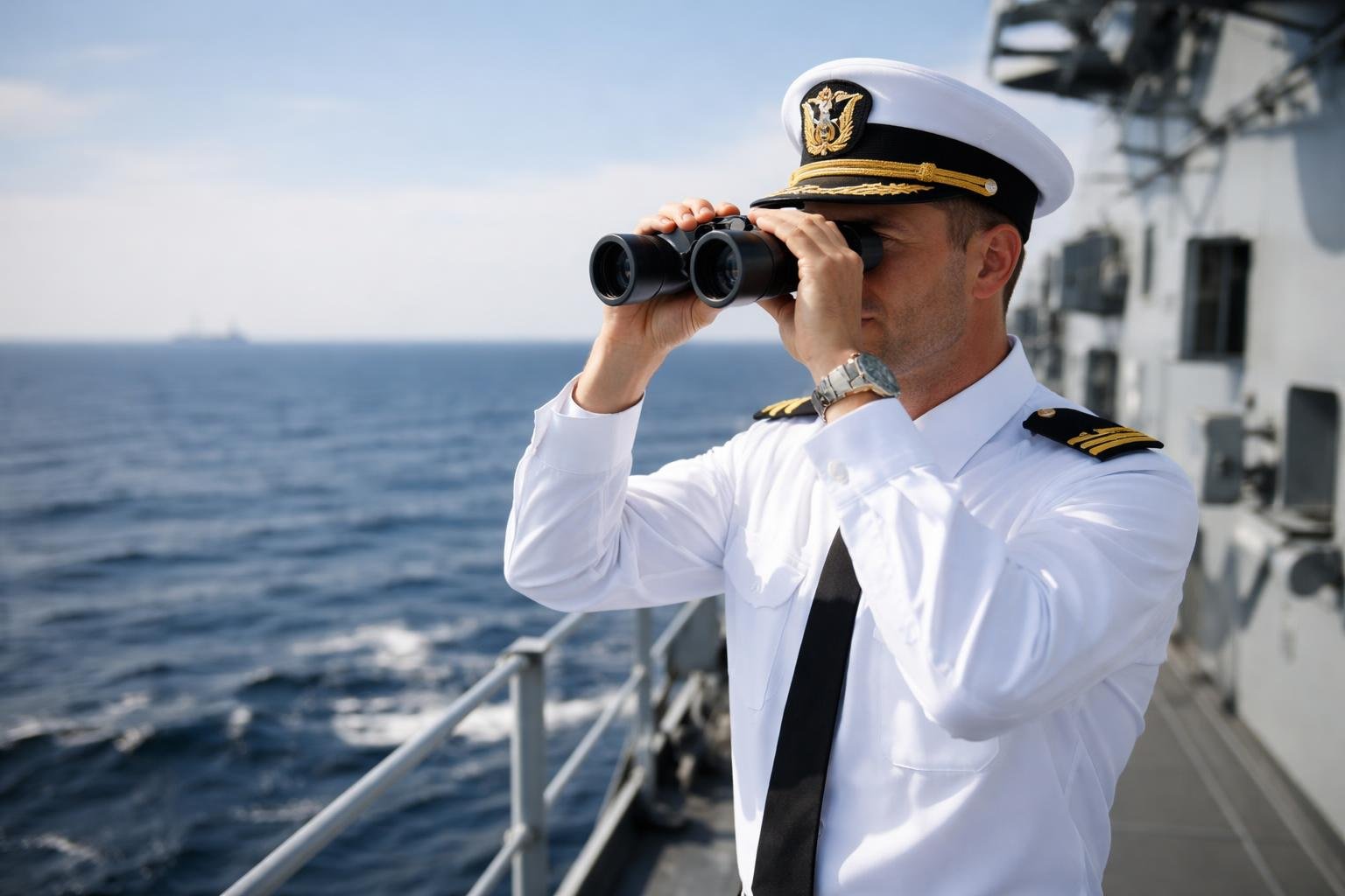 Un officier de marine en uniforme observe l'horizon depuis le pont d'un navire militaire moderne.