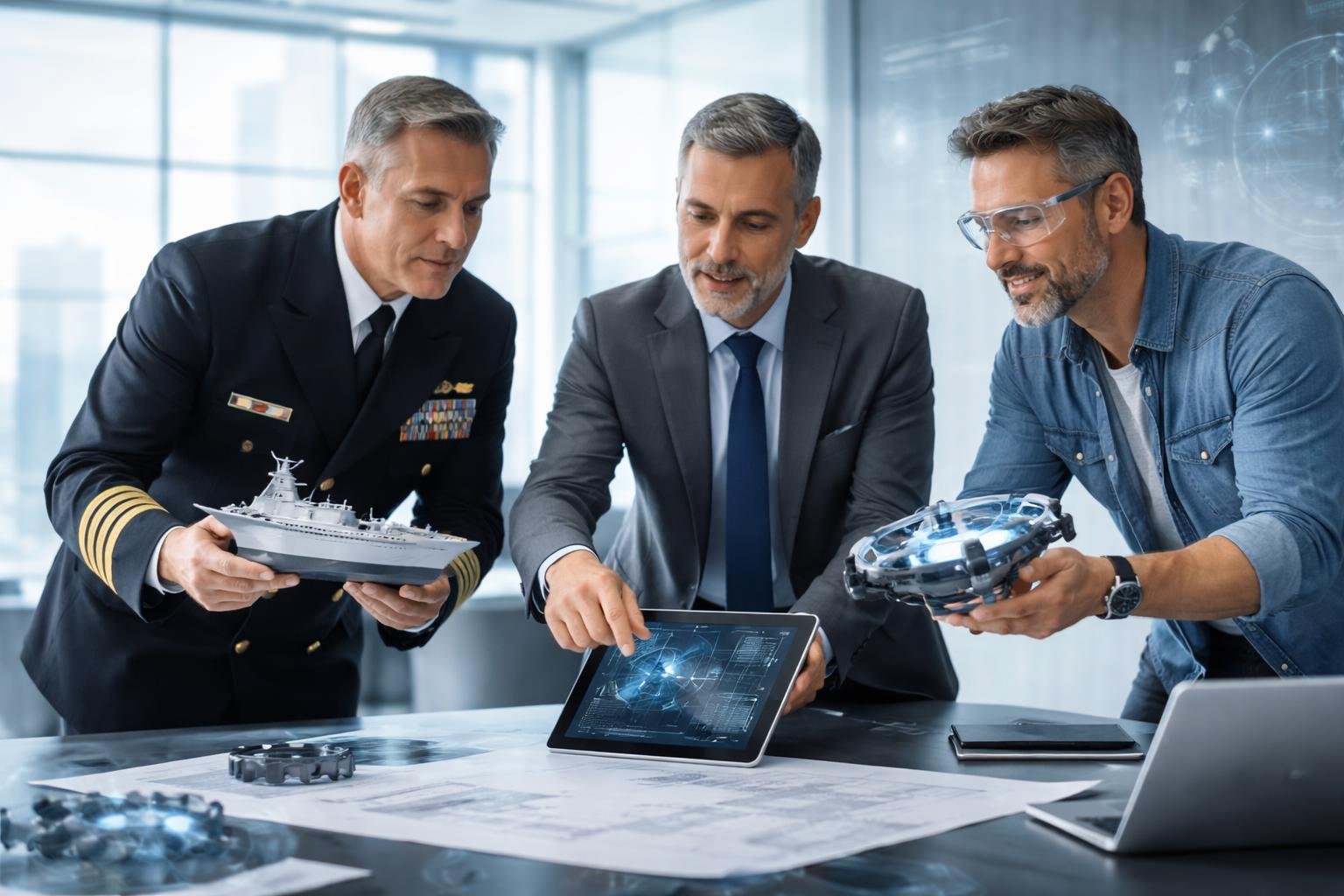 Un officier de marine, un stratège industriel et un inventeur discutent ensemble autour d'une table dans un bureau moderne, examinant des objets liés à l'innovation et à la stratégie.