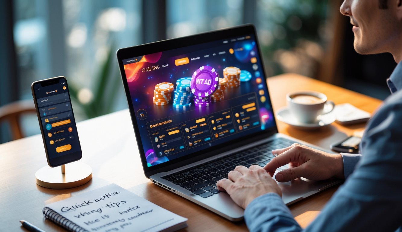 Sebuah meja kerja dengan laptop dan ponsel menampilkan situs judi online, disertai cangkir kopi dan catatan strategi.