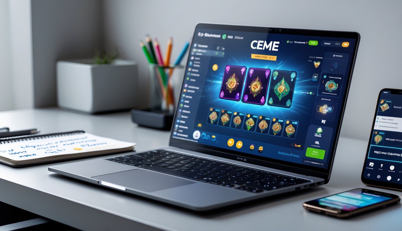 Seorang pemain sedang menggunakan laptop untuk bermain permainan kartu online di meja kerja yang rapi dengan catatan dan ponsel di sampingnya.