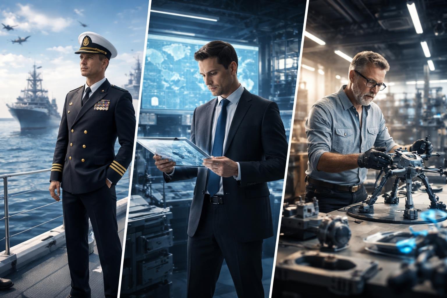 Trois personnes représentant un officier de marine, un industriel stratégique et un inventeur dans des environnements maritimes, industriels et technologiques liés à la préservation de la paix.