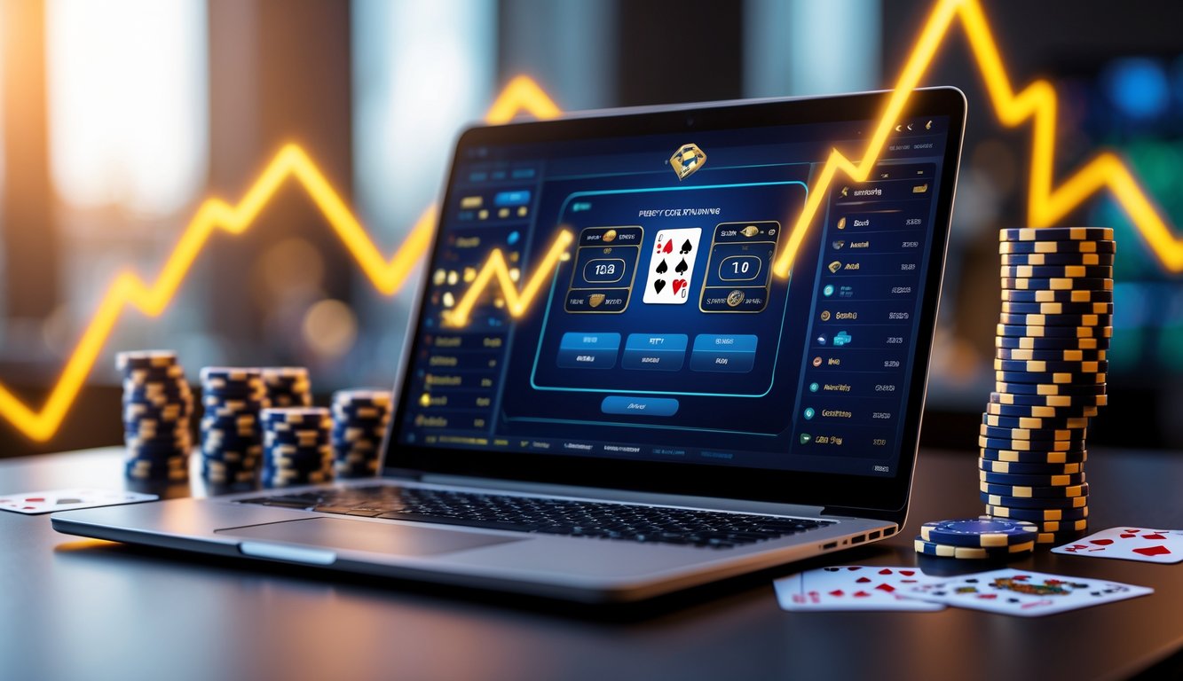 Seorang pria menggunakan laptop untuk bermain permainan kartu online dengan tumpukan chip poker di meja dan grafik keuntungan di latar belakang.