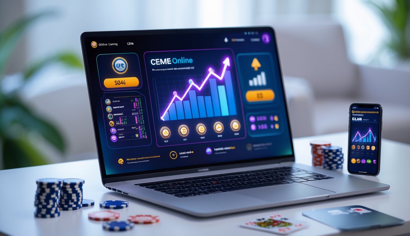 Seorang pemain menggunakan komputer dengan tampilan permainan kartu Ceme online dan grafik yang menunjukkan peluang menang tinggi.