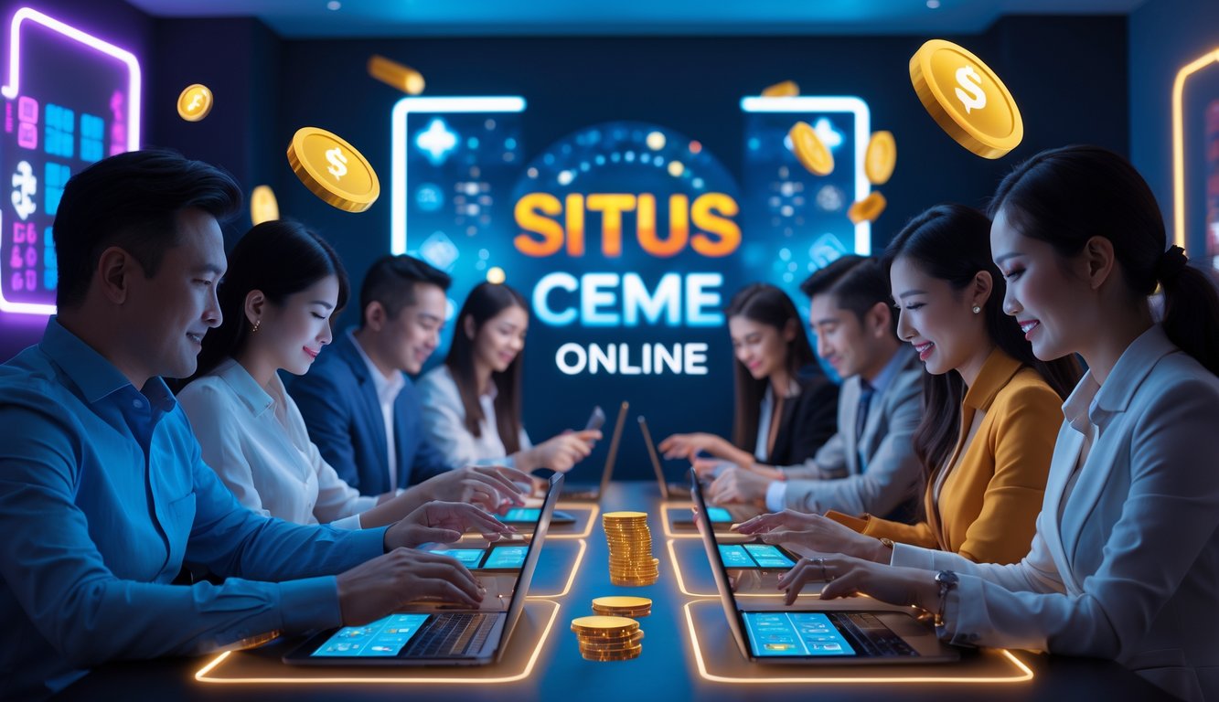 Beberapa orang sedang bermain permainan kartu online dengan perangkat digital di ruangan modern yang terang dan penuh semangat.