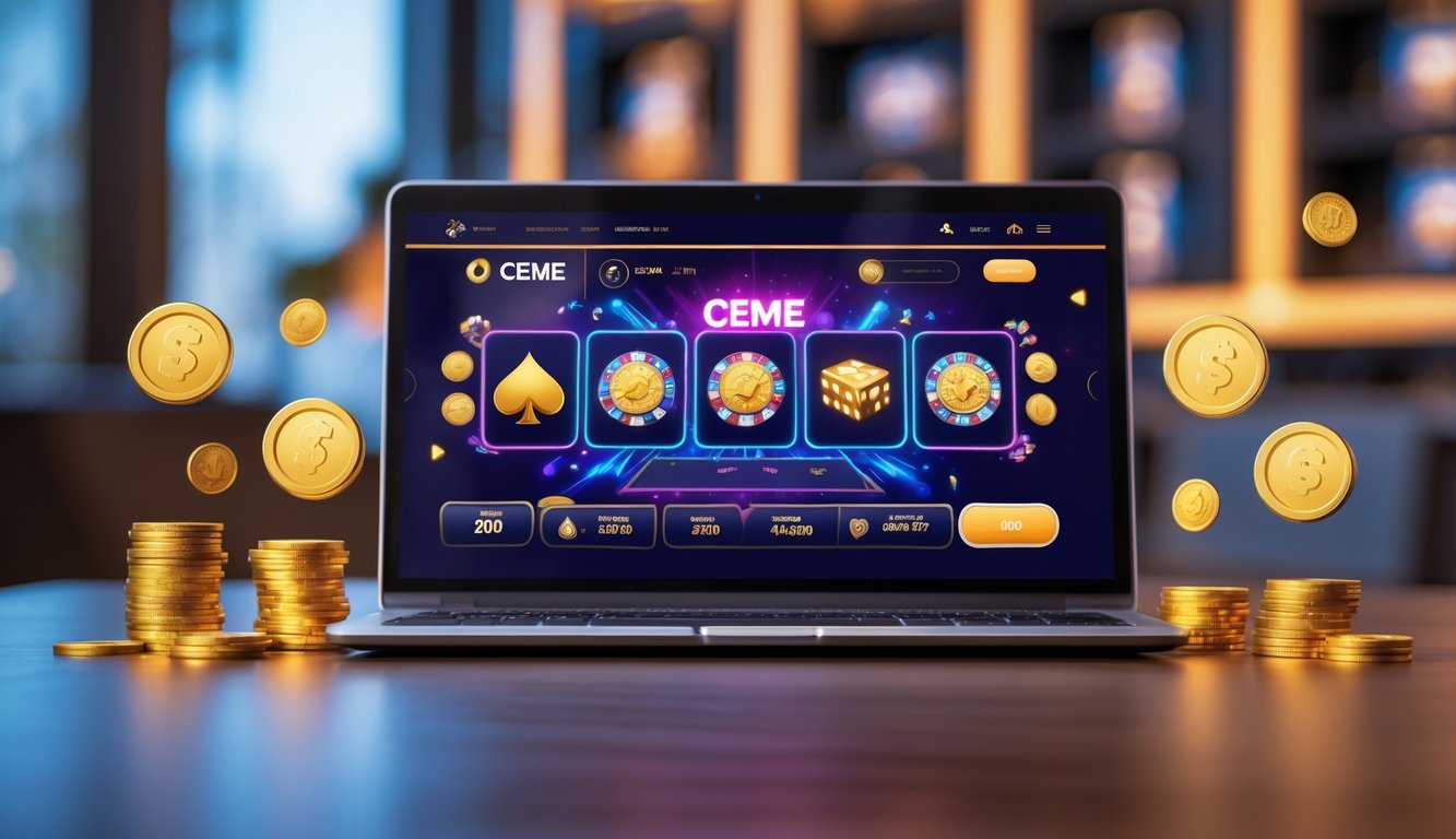 Seorang pemain menggunakan laptop dengan tampilan permainan online Ceme yang menarik dan ikon hadiah di sekitarnya.
