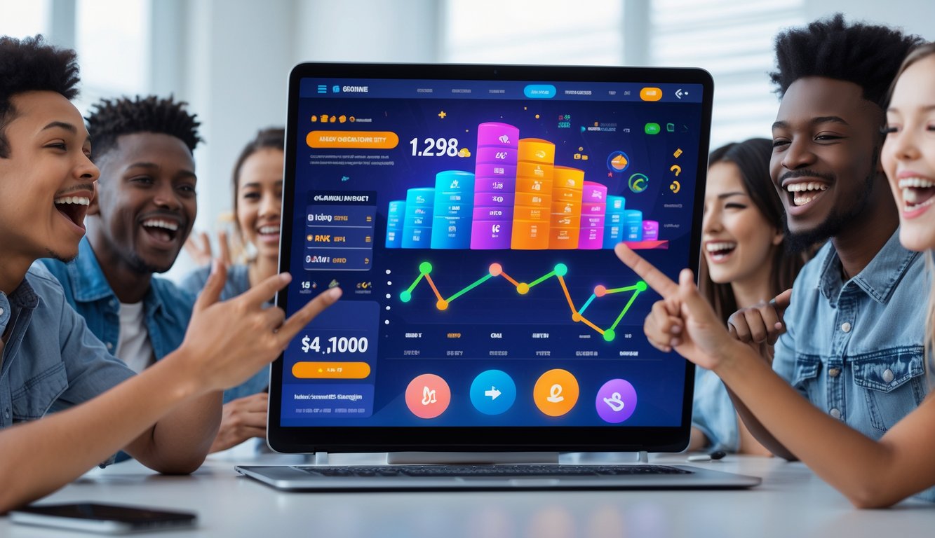 Beberapa orang muda sedang bermain taruhan online dengan komputer di ruang modern, terlihat antusias dan senang.