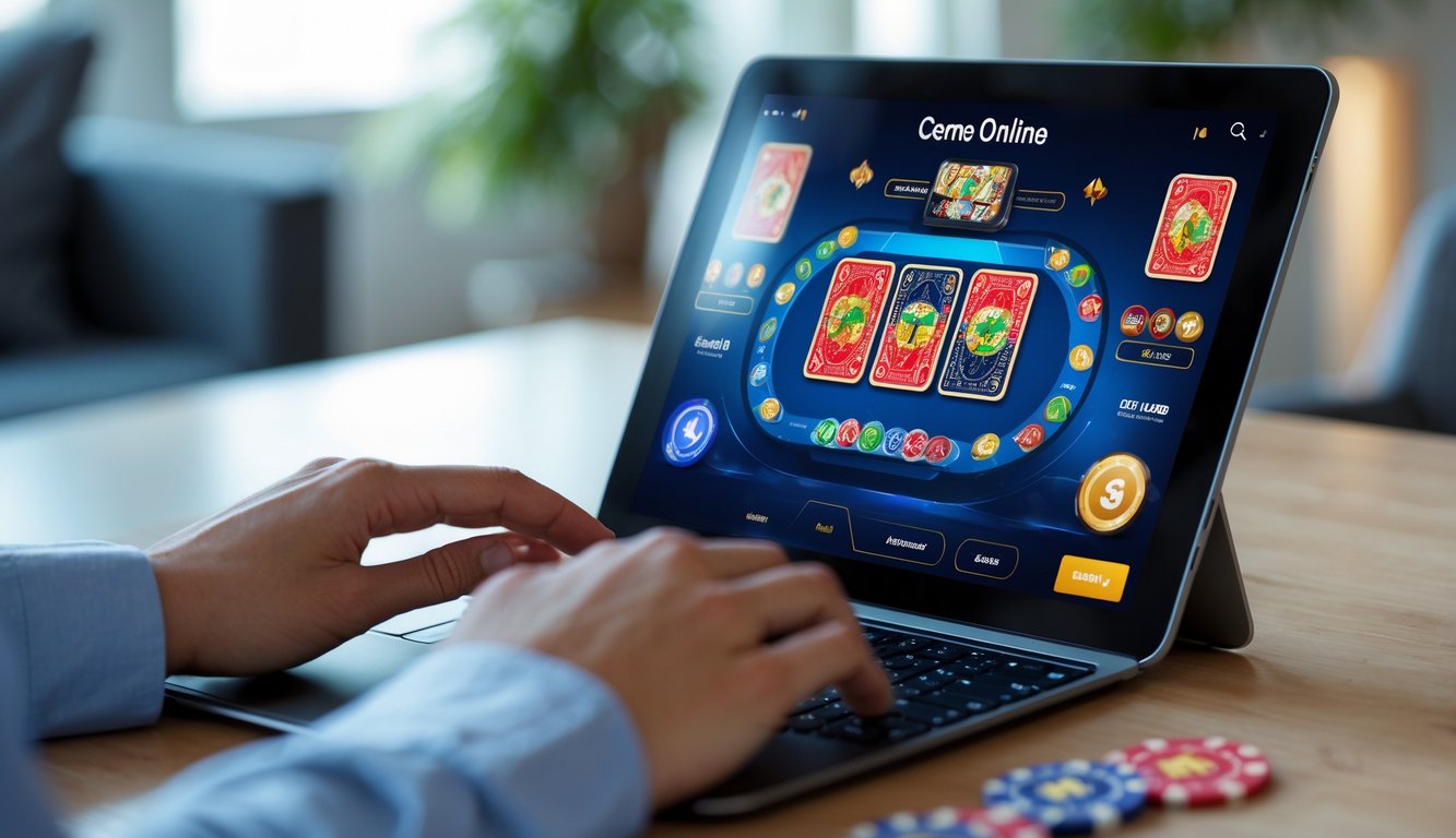 Seseorang sedang bermain permainan Ceme Online di perangkat digital dengan kartu dan chip terlihat di layar.