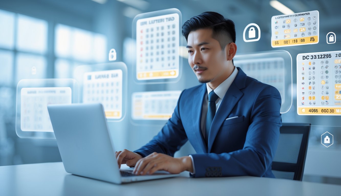 Seorang pria Asia Tenggara duduk di meja dengan laptop di kantor modern, dikelilingi oleh ikon keamanan dan layar digital yang menunjukkan angka togel.